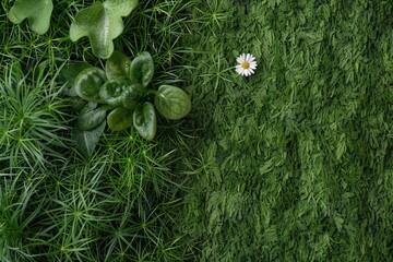 Bright green patches of grass feature a delicate wildflower, showcasing a peaceful scene of nature. This serene landscape invites calm and appreciation for simple beauty