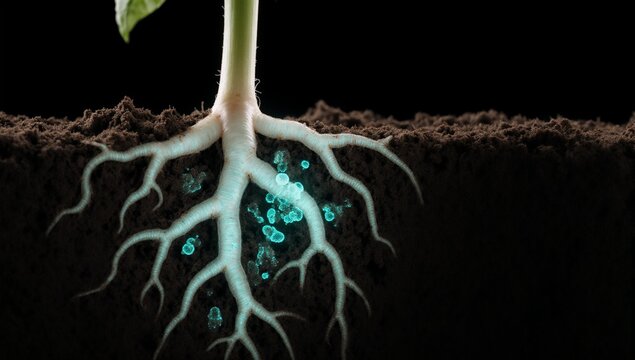 Glowing DNA structures in engineered plant roots shown within soil cross-section interacting with microorganisms