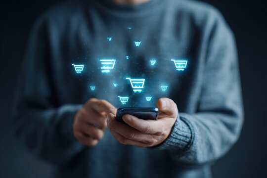 Person holding phone with shopping cart icons