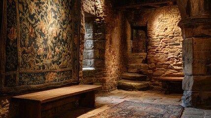 fortress. A medieval castle wall with a traditional woven tapestry. real-estate listings, architecture portfolios, designed for interior renovation comparisons for interiors, showcases craftsmanship.