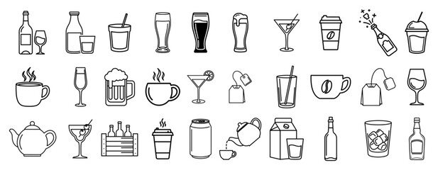 Fototapeta premium Coffee Alcohol and Soft Drink Outline Icons Vector Set