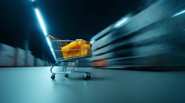 A Dynamic Scene of a Shopping Cart in Motion: Capturing the Essence of Retail Energy as It Glides Through an Engagingly Lit Warehouse Space Filled with Goods