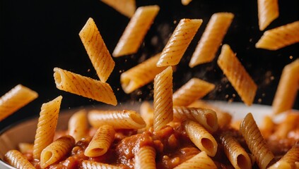 Penne pasta with a dynamic scattered sauce