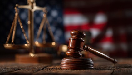Justice scales and gavel on a wooden table, American flag blurred background