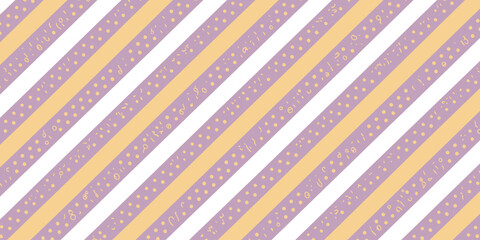 Diagonal stripes pattern in lavender white and yellow with small dots and musical notes design