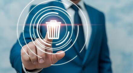 Man in Blue Suit Deleting with Finger on Trash Can Icon