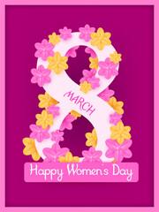A modern floral poster for Women's Day featuring the number 8 and flowers.