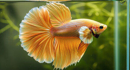 Striking Close-Up of a Golden Betta Fish Displaying its Stunning Finnage in a Lush Aquatic Environment, Showing Aquatic Beauty