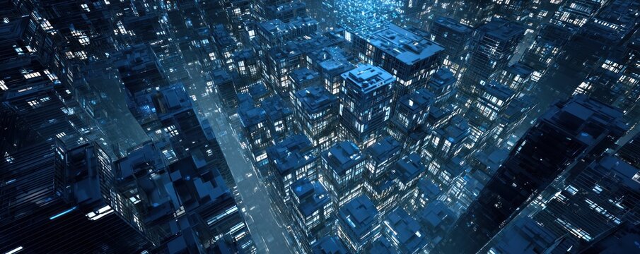 Futuristic Cityscape with Blue Tones and Abstract Design Elements.