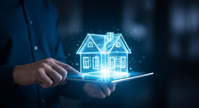Man holds tablet with glowing blue house wireframe hologram - Powered by Adobe