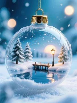 Tranquil Winter World Encased in Glass with Warm Light and Pier