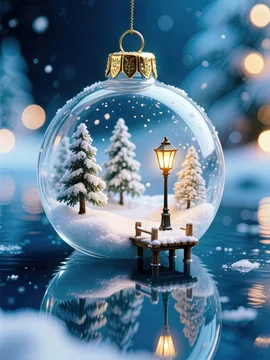 Miniature Snowy Landscape in Ornament with Soft Blue Atmosphere