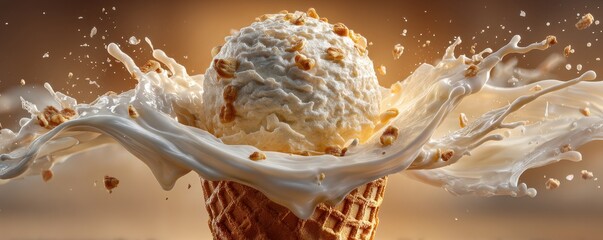 Vanilla ice cream scoop with nuts splashing from a waffle cone in creamy milk spray