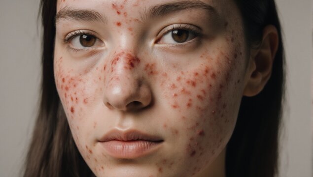 Detailed portrait of a woman with visible acne on her face