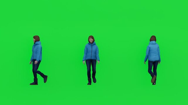 4K 3D render of a woman in a blue winter jacket walking on a green screen background, ideal for chroma key VFX, advertising, lifestyle content, animation reference, and digital media production.