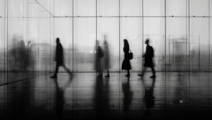 Blurry figures walking through a modern glass building