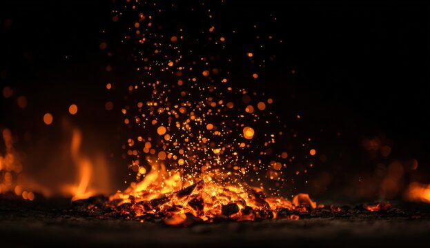Burning embers and sparks against a black background