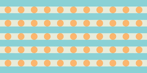 A pattern with horizontal blue stripes and orange circles on a white background in a repeating design