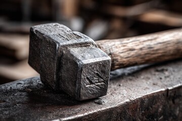 Close-up of a blacksmiths hammer resting on an anvil.
