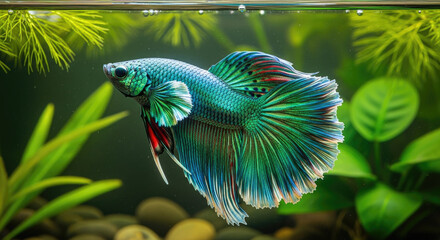 Emerald Jewel: A Stunning Siamese Fighting Fish Displaying Its Vibrant Colors and Graceful Fins in an Underwater Paradise with Lush