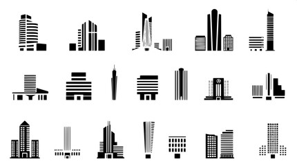Nine sleek, modern, geometric building icons in precise black-and-white tones, arranged in a meticulous grid layout reminiscent of a professional design set, featuring a diverse array of contemporary 