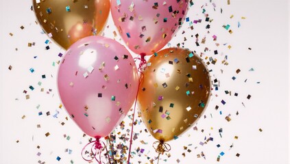 A whimsical scene featuring pink and gold balloons with confetti against a white background