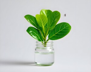 Fresh Green Leaves in Water Jar on White Background for Decor