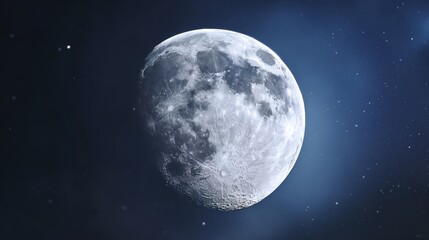 telephoto. Super moon in crisp detail against a deep blue night sky with visible lunar craters. STEM education sheets, lab safety posters, designed for STEM education and laboratory safety posters.