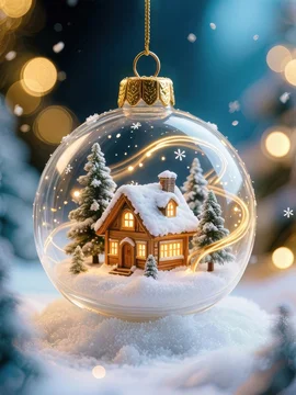 Dreamy Holiday Ornament with Miniature Winter House and Gentle Light