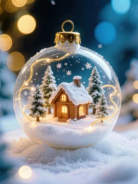 Festive Ornament Globe with Warm Cabin Amid Snow-Dusted Evergreens