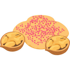 Nutty Cookie with Pink Sprinkles and Walnut Halves Isolated on Transparent Background in Flat Isometric Style