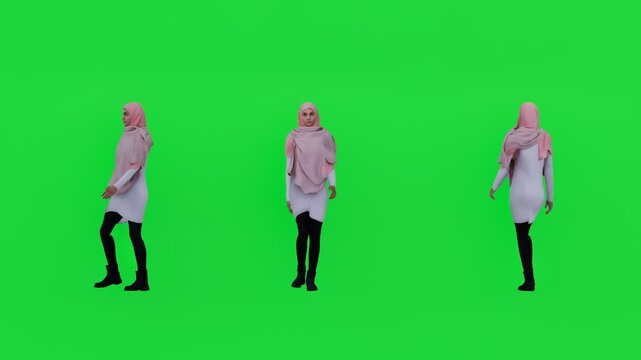 4K 3D render of a Muslim woman walking on a green screen background, wearing a modest outfit and hijab. Perfect for chroma key VFX, cultural content, advertising, training videos