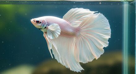 Elegant White Betta Fish Displaying Its Beautiful Fins in Aquatic Environment, a Close-up Captivating View