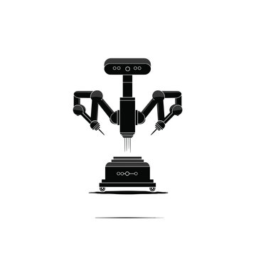A compact black and white surgical robot with articulated arms designed for precision procedures