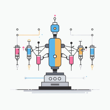 A colorful robotic system with multiple syringe arms in a schematic medical illustration style