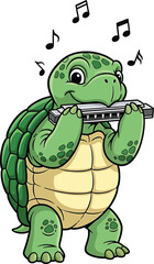 Cheerful Cartoon Turtle Playing Harmonica with Music Notes