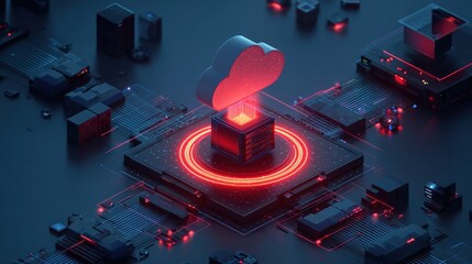 Futuristic Technology Core with Glowing Red Energy and Circuitry.