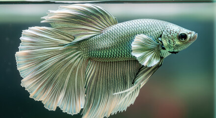 Magnificent Turquoise Betta Fish with Flowing Fins, Close-Up Perspective and Scaled Texture Underwater, Displaying Elegant Form and Vibrant Colors in