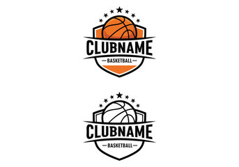 Obraz premium Dynamic basketball club team logo design template with shield and stars, perfect for branding and sports identity, scalable vector graphic