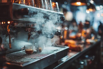Espresso Machine Steaming in a Busy Cafe.