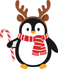 Cute Penguin in Reindeer Antlers Scarf Holding Candy Cane
