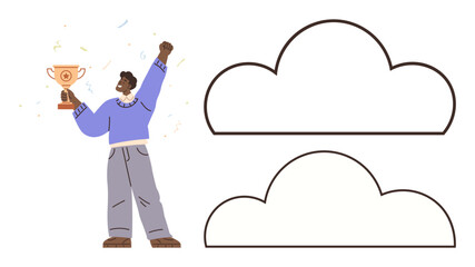 Person raising a trophy in celebration with confetti and blank cloud outlines for new ideas. Ideal for success, achievement, ambition, motivation, future goals, inspiration, and creativity. Simple