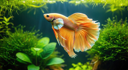 Majestic Golden Betta Fish with Flowing Fins Swimming in a Lush Aquarium Setting Among Green Plants and Aquatic Life Displaying