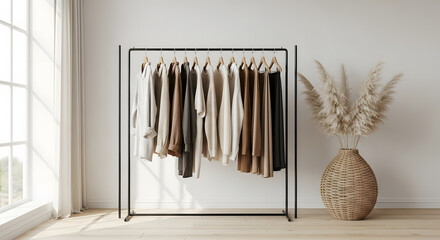 Neutral toned clothing hangs neatly on a modern rack in a bright, minimalist room with natural light and decorative pampas grass.
