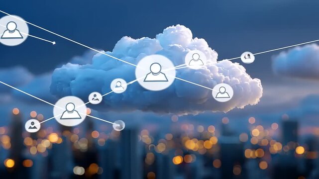Cloud computing concept with user icons connected to a cloud over a cityscape background at dusk