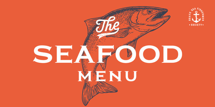 Salmon fish seafood, menu. Vintage retro print, seafood salmon fish sketch, logo sign menu template, ink pencil style drawing, engrave old school. Hand drawn sketch salmon fish. Vector Illustration