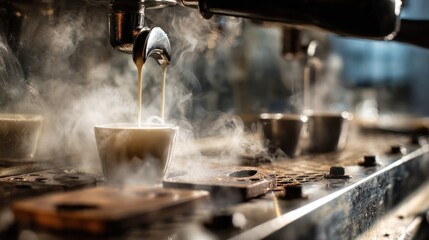 Espresso machine pouring coffee into cups with steam.