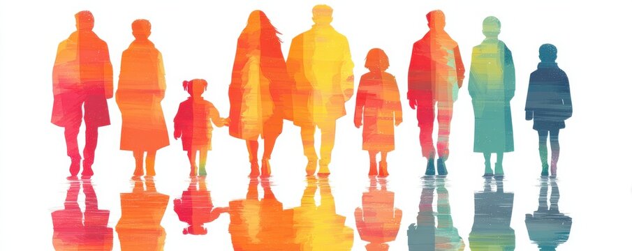 Colorful silhouettes of a family and friends in rainbow gradient, reflecting unity and togetherness