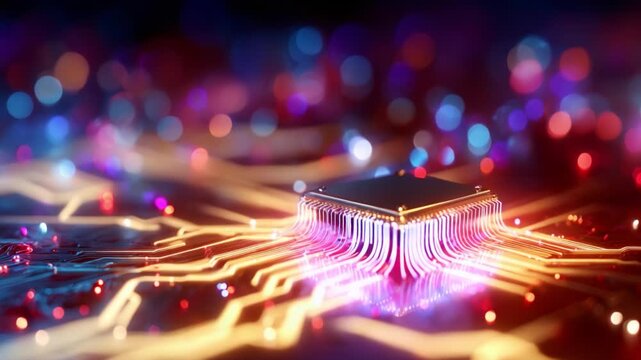 A Feat of Modern Technology: Explore the Intricate Details of a High-Performance Microchip Illuminated by Vibrant Colors Against a Complex Circuit Board Background