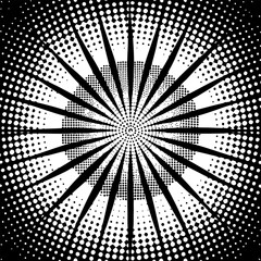 Halftone radial dotted background. Square dots comic gradient texture. Concentric fading gradation wallpaper. Black white rough grit overlay. Grunge gritty circular pop art cartoon backdrop